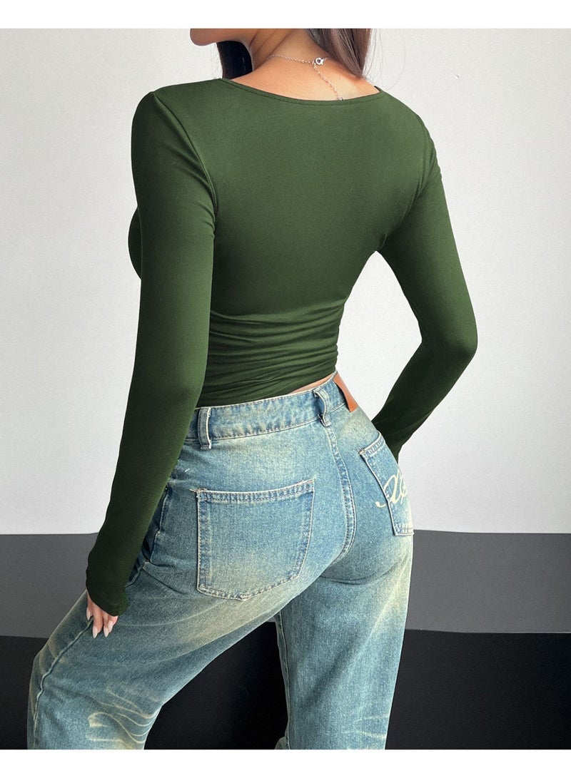 general 2026 Elegant Women's Long-Sleeved Square-Neck Crop Top, Long-Sleeved Pullover Tight-Fitting Casual Fashion Top, Y2K Style Top, T-Shirt - Image 5